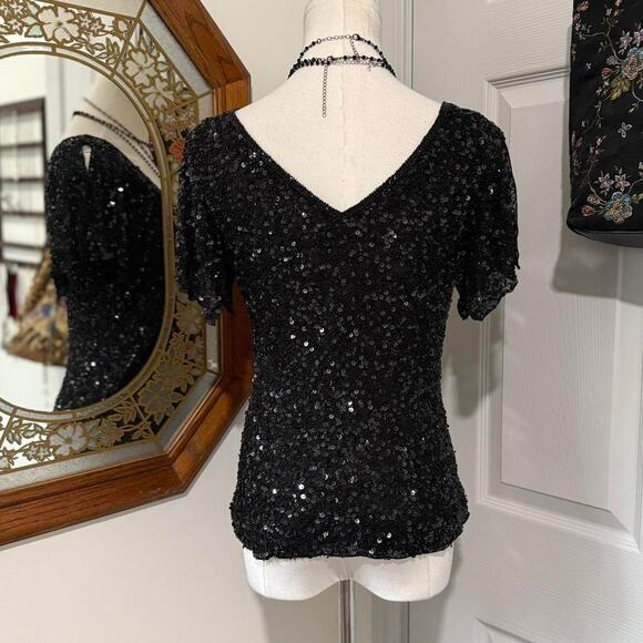 VTG 90s Adrianna Papell Black Silk Beaded Sequin Glitzy Glam Flutter Sleeve Top - Picture 4 of 8